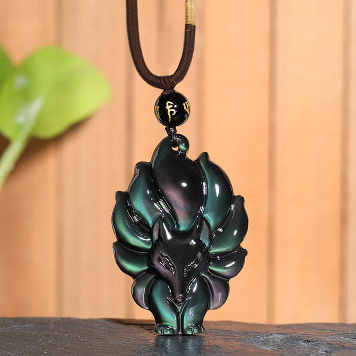 Buddha Stones Natürlicher Regenbogen-Obsidian, Goldglanz-Obsidian, Neunschwänziger Fuchs, positiver Halsketten-Anhänger