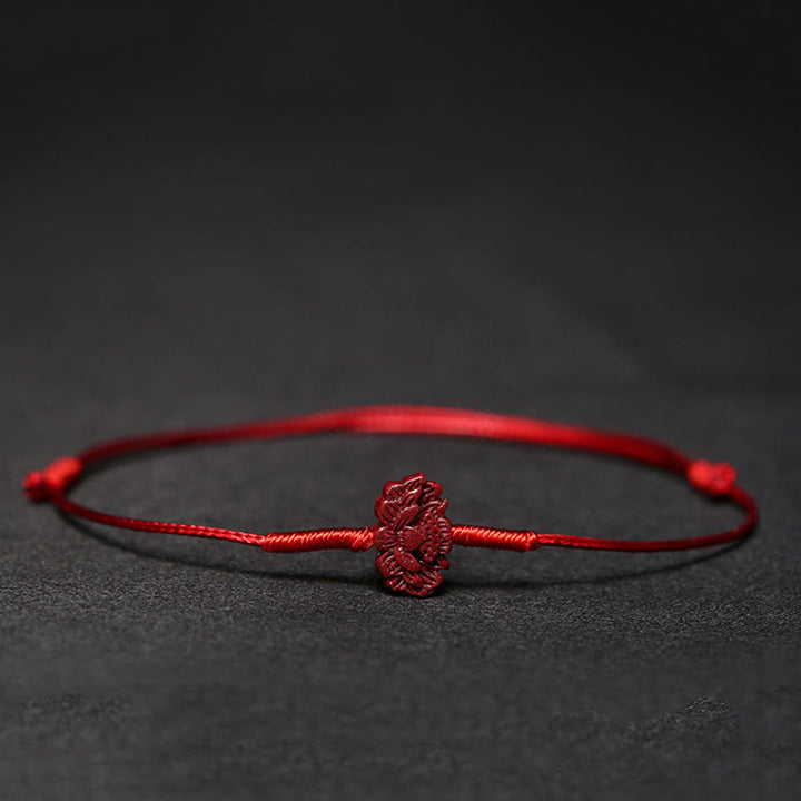 Handgefertigtes Pflaumenblüten-Vierblättriges Kleeblatt PiXiu Lotus Koi Fisch Cinnabar Blessing Braid Armband