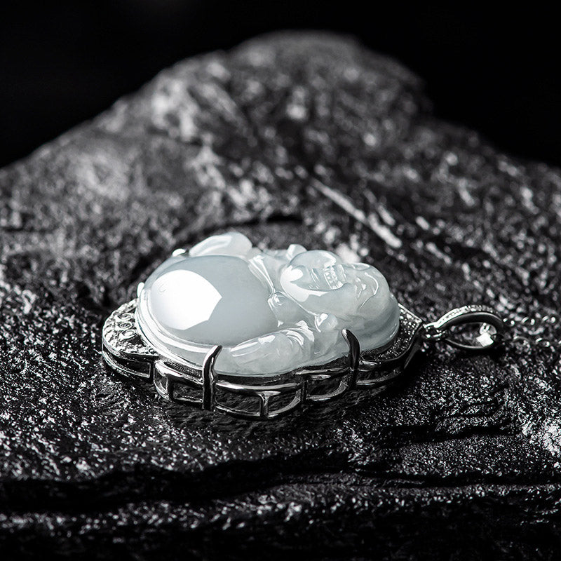 Buddha Stones 925 Sterling Silber Lachender Buddha Natürliche Jade Fülle Halskette Anhänger - image 6