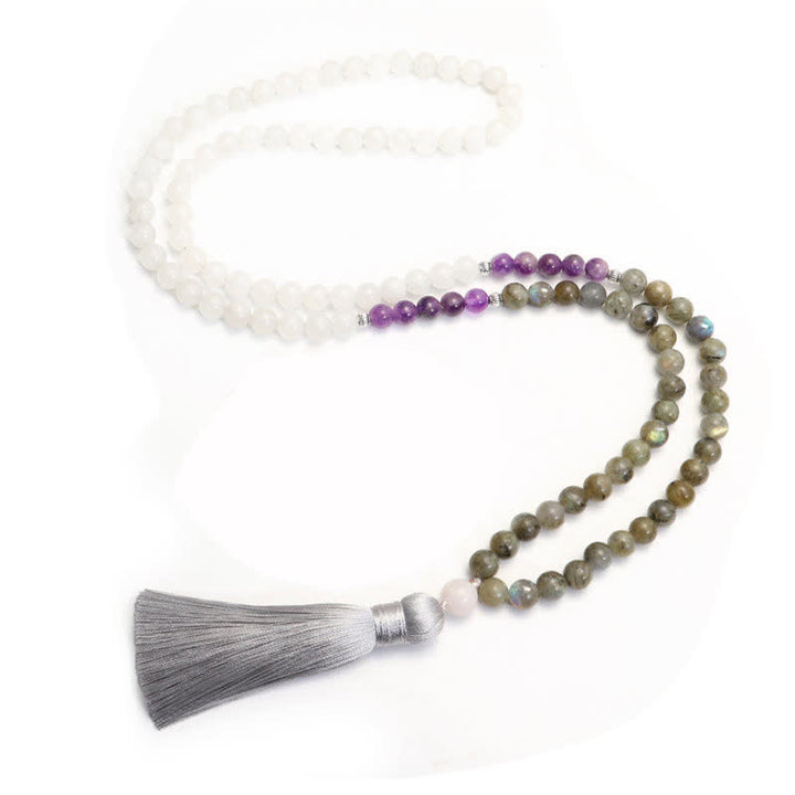 108 Mala-Perlen, Weiß Achat, Amethyst, schwarzer Glitzerstein, Schutzarmband