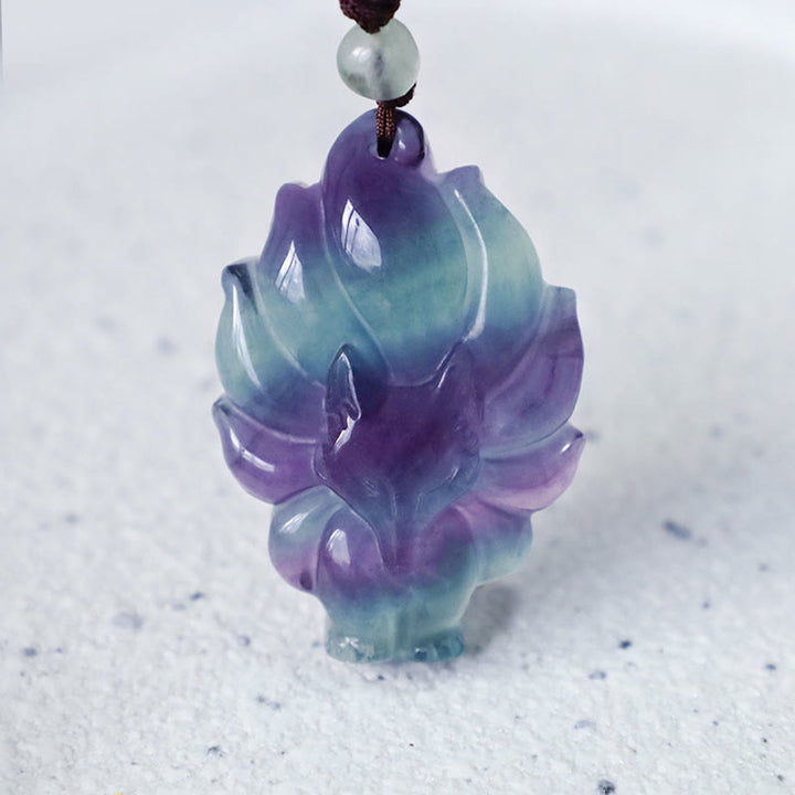 Buddha Stones Natürliche Fluorit-Goldglanz-Obsidian-Fuchs-Anhänger-Schutz-Halskette