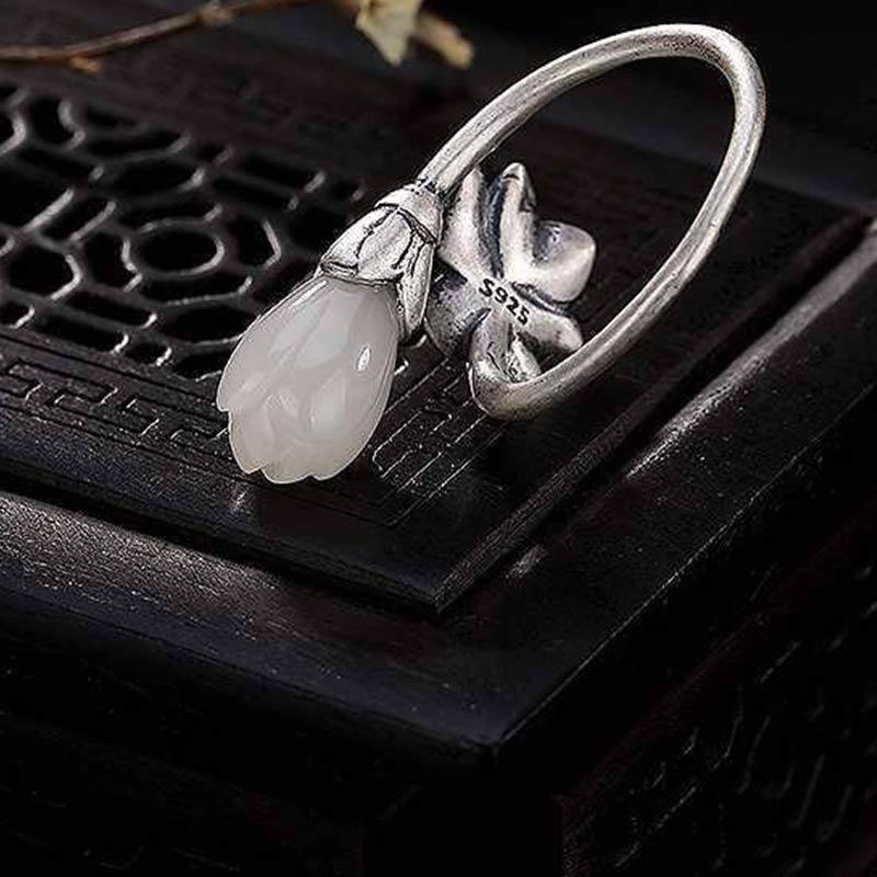 Buddha Stones Jade Lotus Kupfer Balance Heilung verstellbarer Ring