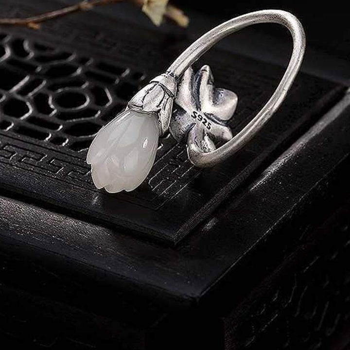 Buddha Stones Jade Lotus Kupfer Balance Heilung verstellbarer Ring