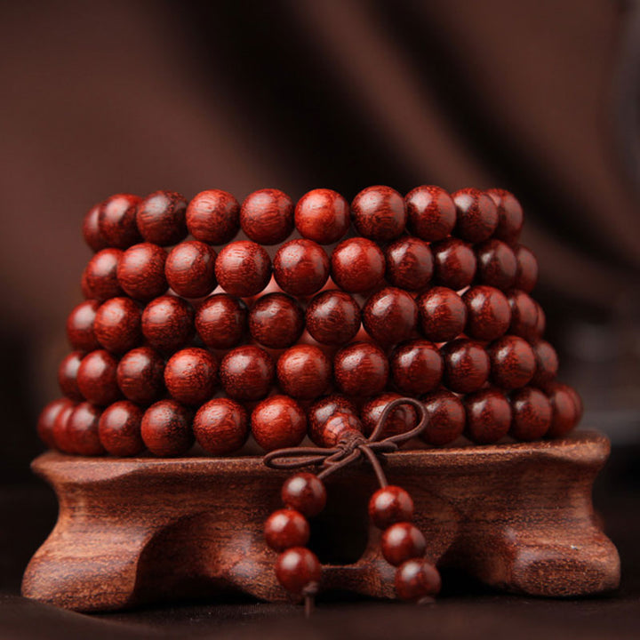 Buddha Stones Tibetisches kleines Blatt rotes Sandelholz 108 Perlen Mala Meditationsarmband