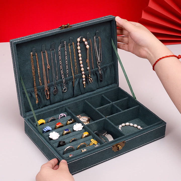 Buddha Stones, schlichtes Design, Schmuckschatulle, Organizer, einlagige Flanell-Schmuckaufbewahrungsbox mit Schloss - Dunkelgrün 28 cm x 19 cm x 6,5 cm - image 2