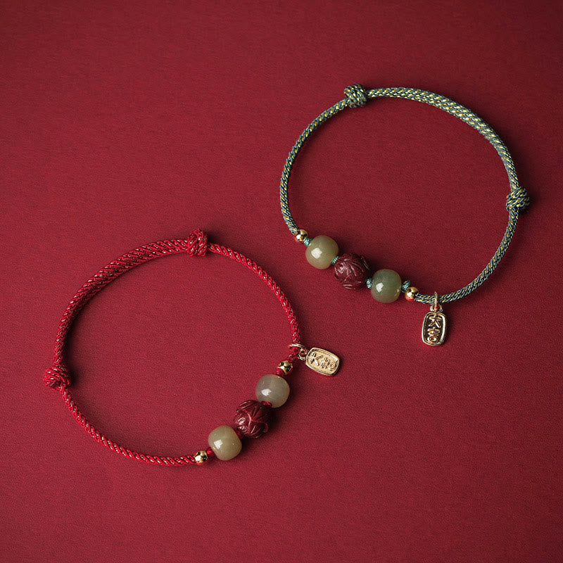 Buddha Stones 14K vergoldetes Hetian Jade Zinnober Lotus Glück handgefertigtes Seilarmband - image 1