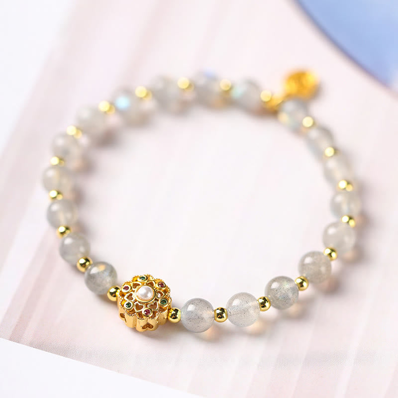 Buddha Stones 14 Karat vergoldetes natürliches Erdbeerquarz-Labradorit-Sonnenstein-Fu-Character-Charm-Armband