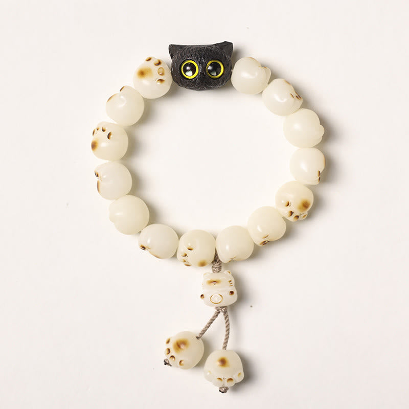 Armband mit Buddha Stonesn, natürlichem Bodhi-Samen, schöne Pfote, Ebenholz, glückliche Katze, Weisheit - Weißer Bodhi-Samen - Quastenversion (Handgelenkumfang 14–15 cm) - image 18