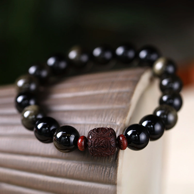 Buddha Stones, natürlicher Goldglanz-Obsidian, Regenbogen-Obsidian, Om Mani Padme Hum Fu, Charakter-Heilungsarmband
