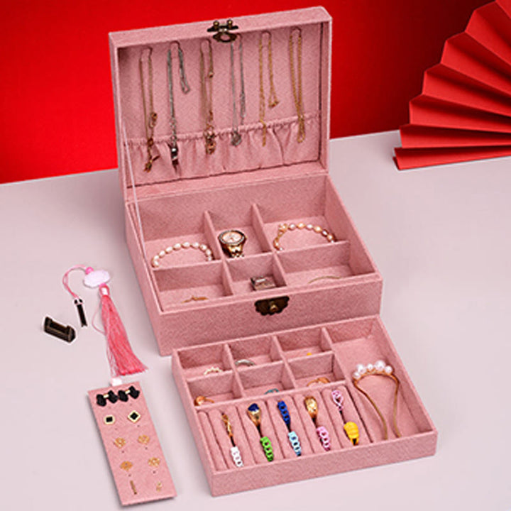 Buddha Stones, schlichtes Design, Schmuckkästchen, Organizer, zweilagige Schmuck-Aufbewahrungsbox, Flanell-Box mit Schloss - image 16