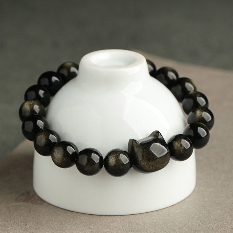 Buddha Stones Gold glänzender Obsidian Silber glänzender Obsidian Schönes Pfoten-Glückskatzen-Schutzarmband - image 2