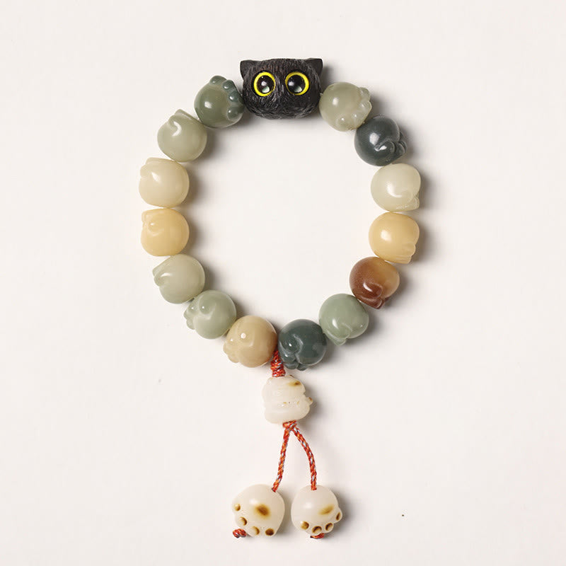 Armband mit Buddha Stonesn, natürlichem Bodhi-Samen, schöne Pfote, Ebenholz, glückliche Katze, Weisheit - Mehrfarbiger Bodhi-Samen - Quastenversion (Handgelenkumfang 14–15 cm) - image 7