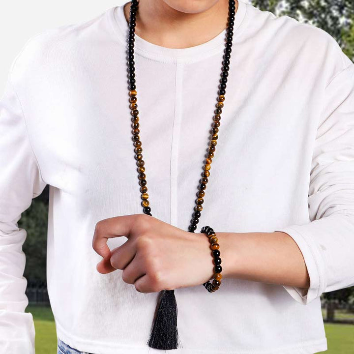 Buddha Stones Tibetisches schwarzes Onyx-Tigeraugenschutz-Halsketten-Mala-Set
