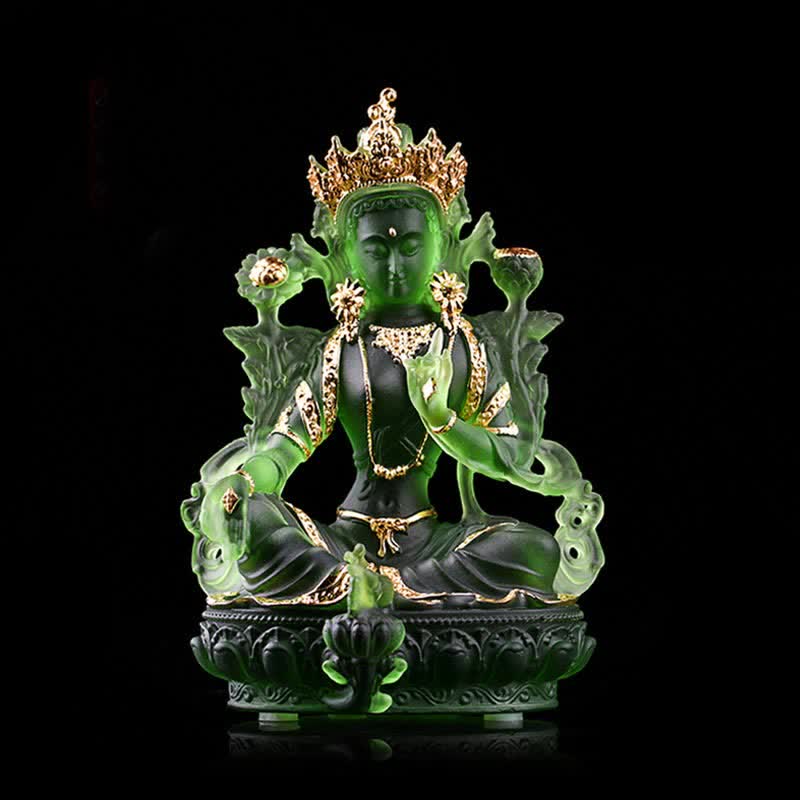 Bodhisattva Grüne Tara, handgefertigt, Liuli-Kristall, Kunststück, Schutz, Heimbüro, Statue, Dekoration - 8*6*12,8 cm - Goldgrüne Tara - image 5