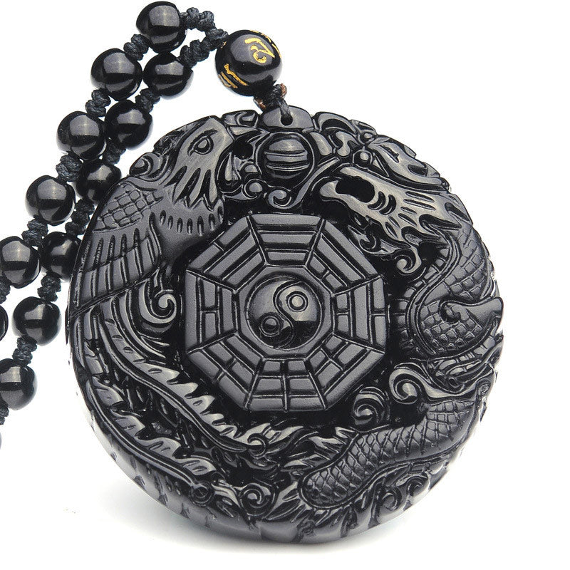 Buddha Stones Bagua Dragon Phoenix Obsidian Erfüllung Anhänger Halskette - Obsidian - image 1