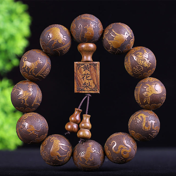 Buddha Stones Chinesisches Sternzeichen Palisander Ebenholz Kupfermünze PiXiu Geschnitztes Wärmearmband