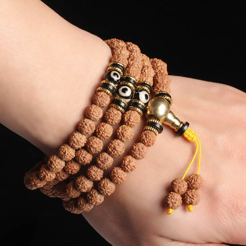 Buddha Stones Rudraksha Bodhi Seed Dzi Bead Luck Wealth Armband 108 Mala Beads