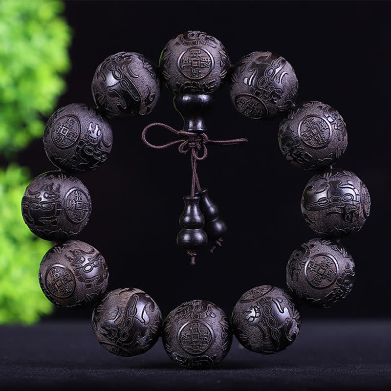 Buddha Stones Chinesisches Sternzeichen Palisander Ebenholz Kupfermünze PiXiu Geschnitztes Wärmearmband
