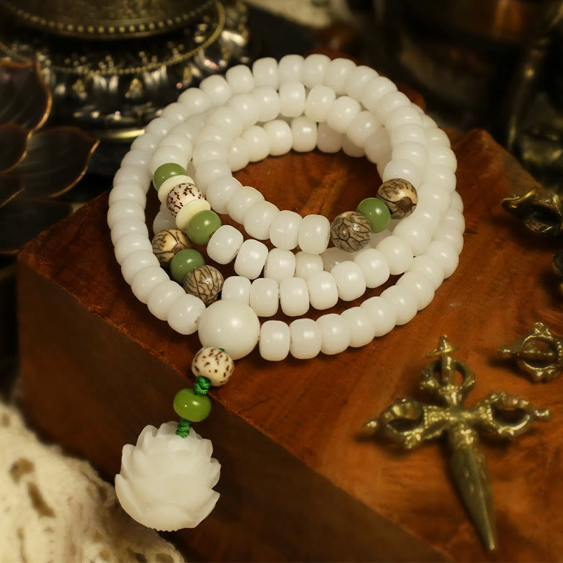 Buddha Stones Weiß Jade Bodhi Lotus Mala Harmonie Halskette Armband - image 2