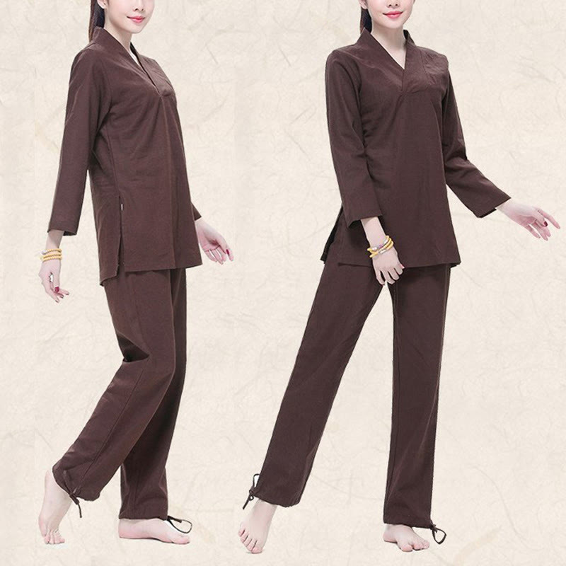 Buddha Stones Zen Praxis Yoga Meditation Gebet V-Ausschnitt Design Uniform Baumwolle Leinen Kleidung Damen Set - image 11