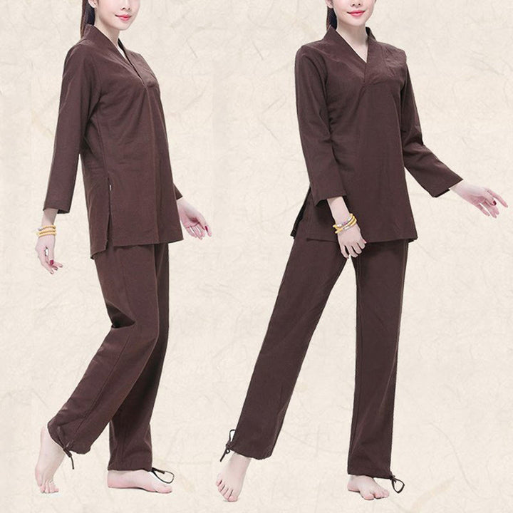 Buddha Stones Zen Praxis Yoga Meditation Gebet V-Ausschnitt Design Uniform Baumwolle Leinen Kleidung Damen Set - image 11