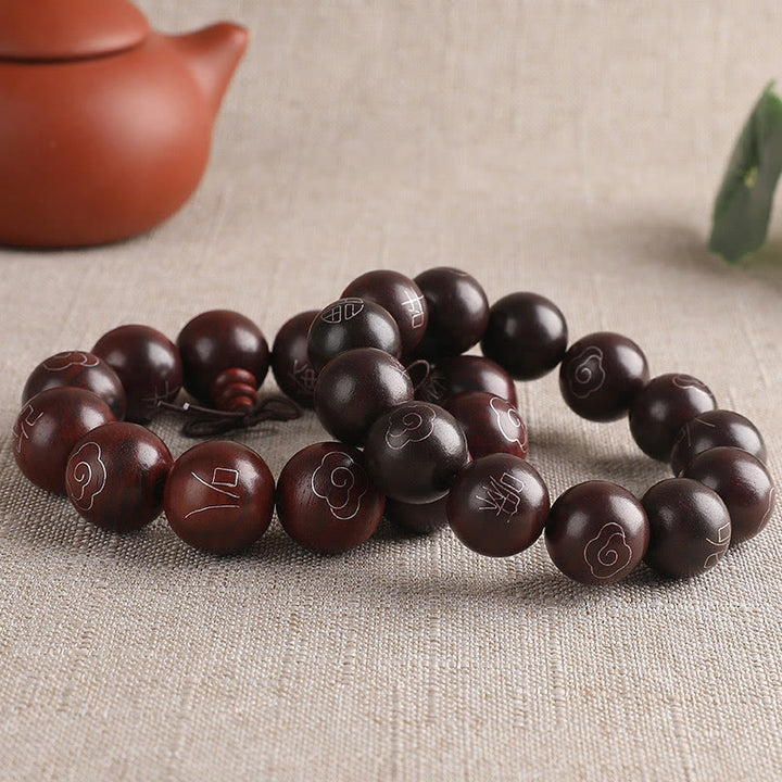 Buddha Stones, 925er-Sterlingsilber, eingelegtes kleines Blatt, rotes Sandelholz, Om Mani Padme Hum-Charakter, glückverheißende Wolken, Schutzarmband