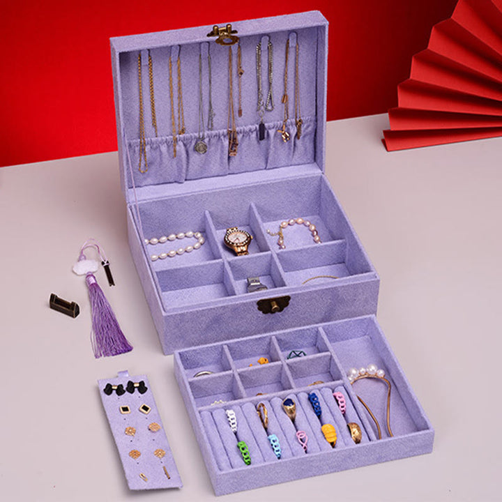 Buddha Stones, schlichtes Design, Schmuckkästchen, Organizer, zweilagige Schmuck-Aufbewahrungsbox, Flanell-Box mit Schloss - image 23