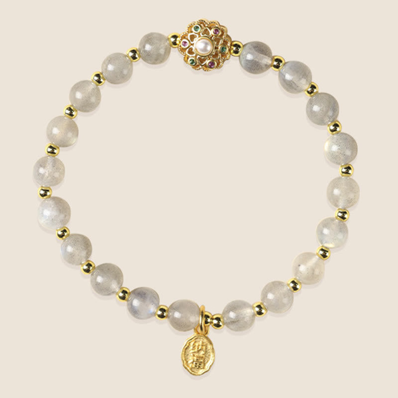Buddha Stones 14 Karat vergoldetes natürliches Erdbeerquarz-Labradorit-Sonnenstein-Fu-Character-Charm-Armband