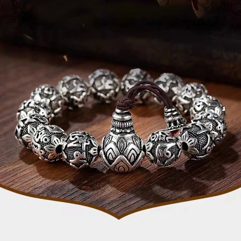 Buddha Stones Tibetisches Om Mani Padme Hum Amulett-Armband mit geschnitzten Legierungsperlen