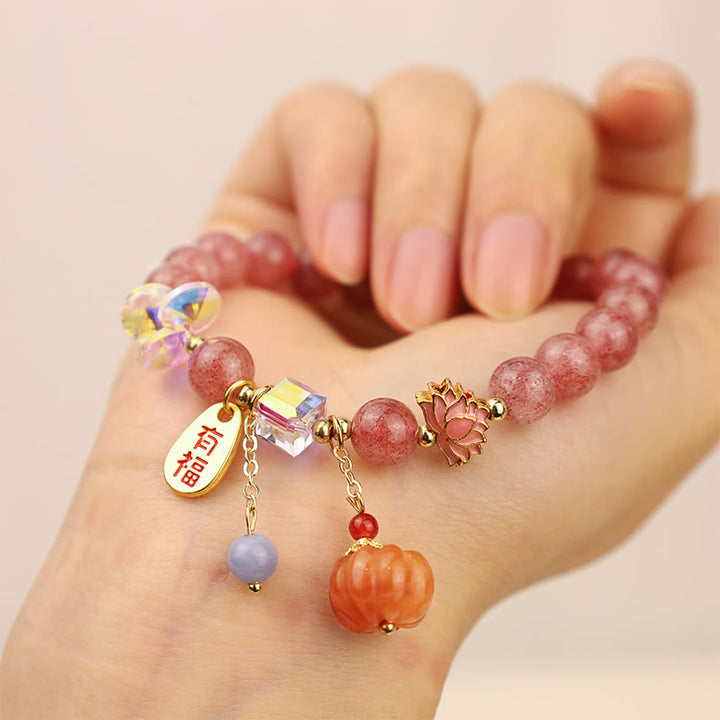 Buddha-Steine, natürlicher Erdbeerquarz, Fu-Charakter, Kürbis-Charme, positives Armband