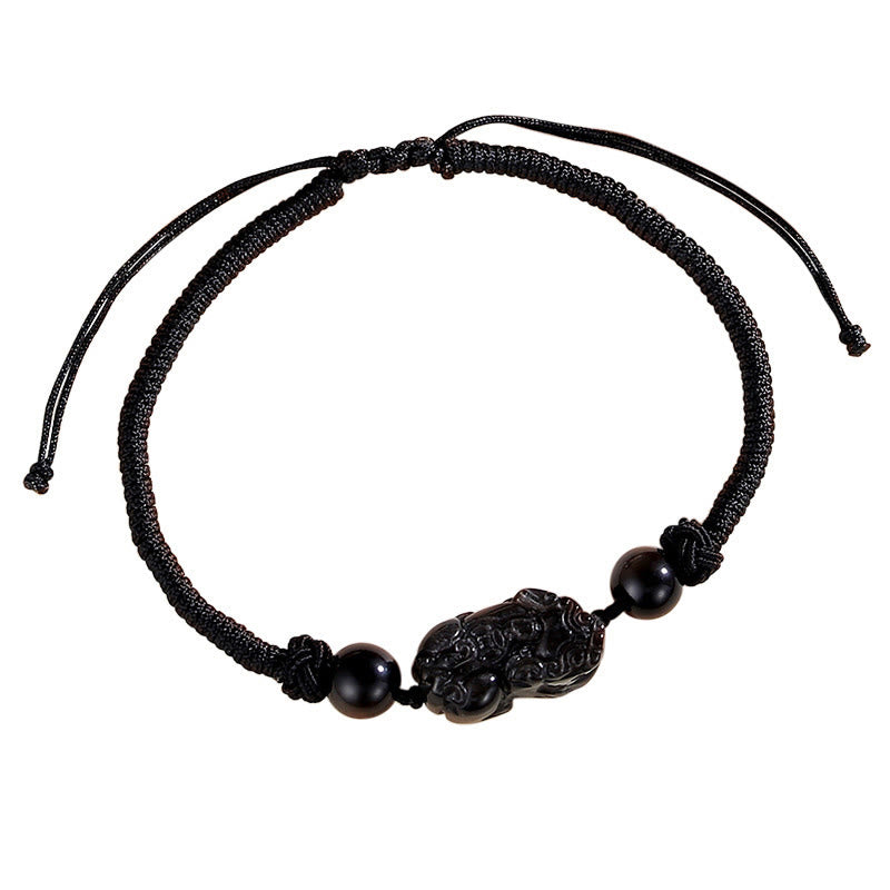 Buddha Stones Handgefertigtes geflochtenes PiXiu-Schutzarmband mit Obsidian und Erdbeerquarz in natürlichem Silberglanz - Silberglänzender Obsidian (Kommunikation ♥ Beruhigend) (Armbandgröße 26–28 cm) - image 3