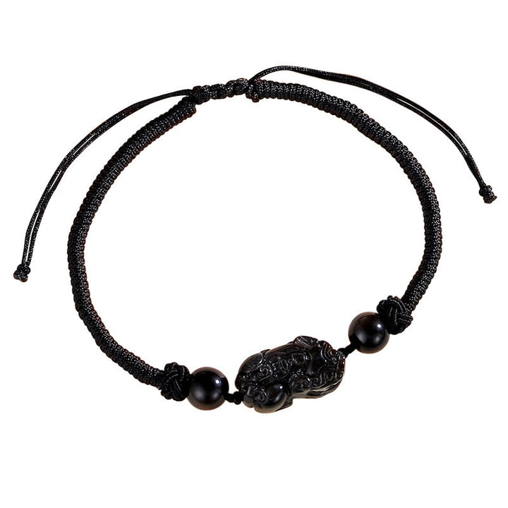 Buddha Stones Handgefertigtes geflochtenes PiXiu-Schutzarmband mit Obsidian und Erdbeerquarz in natürlichem Silberglanz - Silberglänzender Obsidian (Kommunikation ♥ Beruhigend) (Armbandgröße 26–28 cm) - image 3