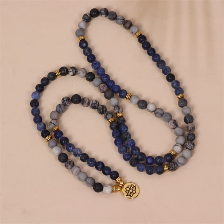 Buddha Stones 108 Mala Perlen Sodalith Zebra Jaspis Kristall Lotus Stärke Armband
