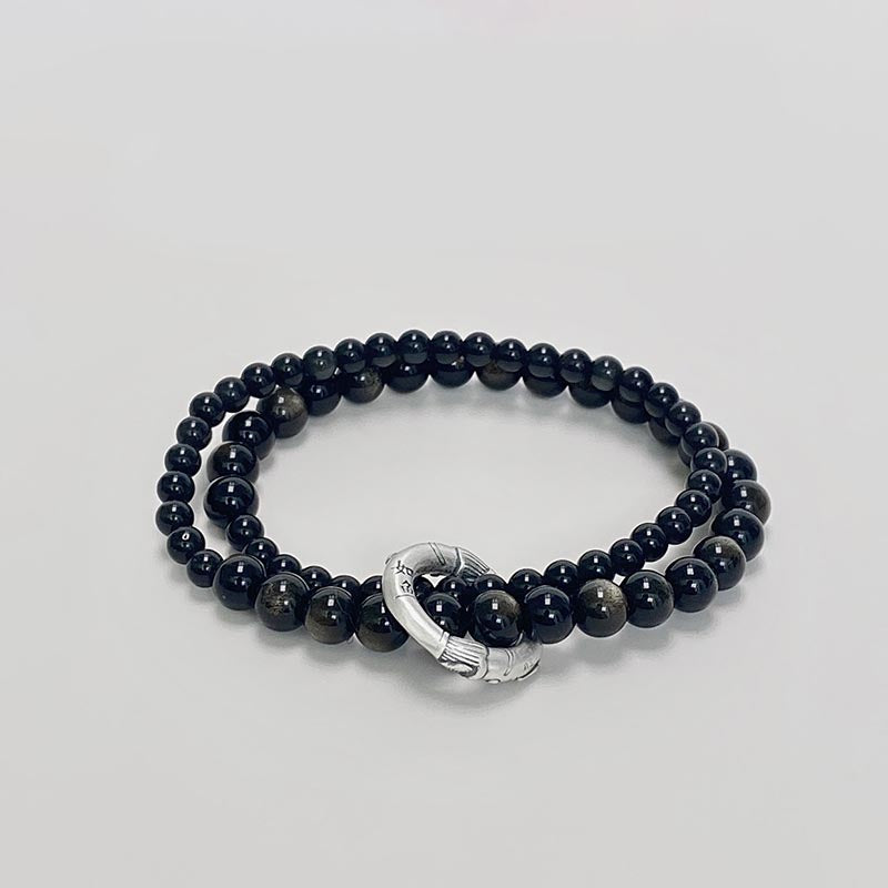 Buddha Stones Armband aus 999er-Sterlingsilber mit schwarzem Obsidian Fulfillment Strength, doppellagig
