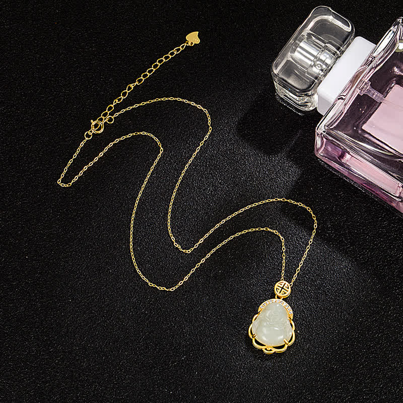 925 Sterling Silber Lachender Buddha Hetian Weiß Jade Schutz Halskette Anhänger - image 5