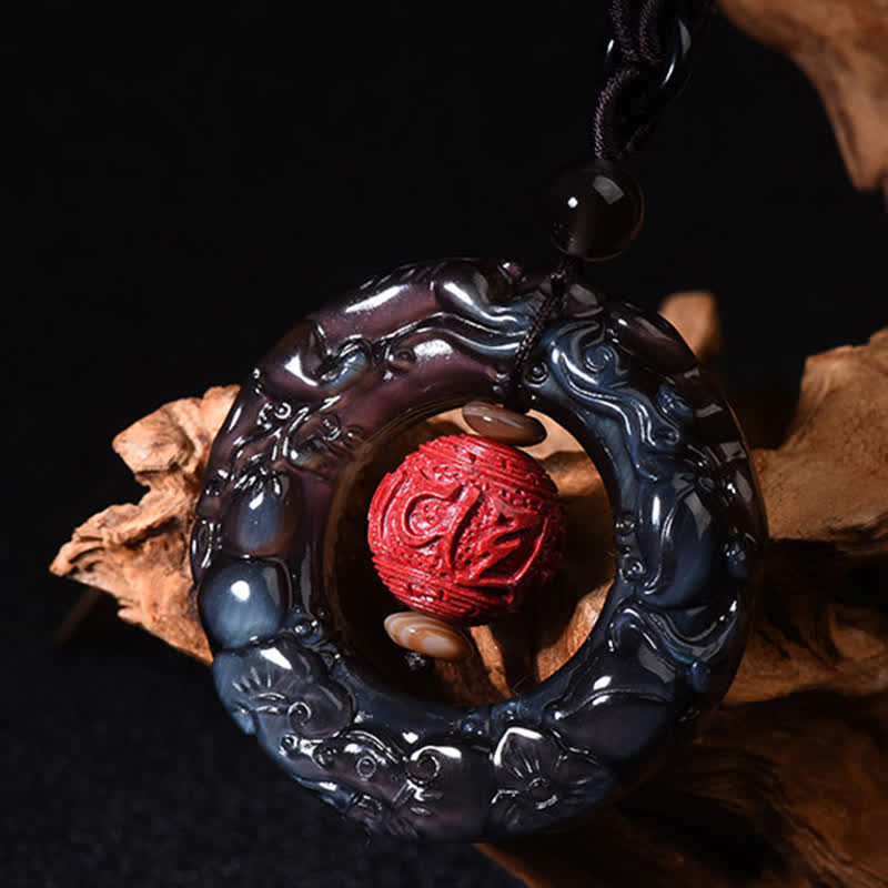 FengShui natürlicher Regenbogen-Obsidian PiXiu-Zinnober-Heilungshalskettenanhänger - image 5