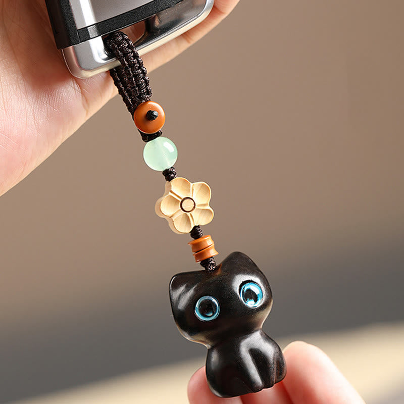 Buddha Stones, Mini-Schlüsselanhänger, kleines Blatt, rotes Sandelholz, Ebenholz, glückliche Katze, hübsches Kätzchen, Frieden, Schlüsselanhänger, Dekoration zum Aufhängen am Telefon - image 6