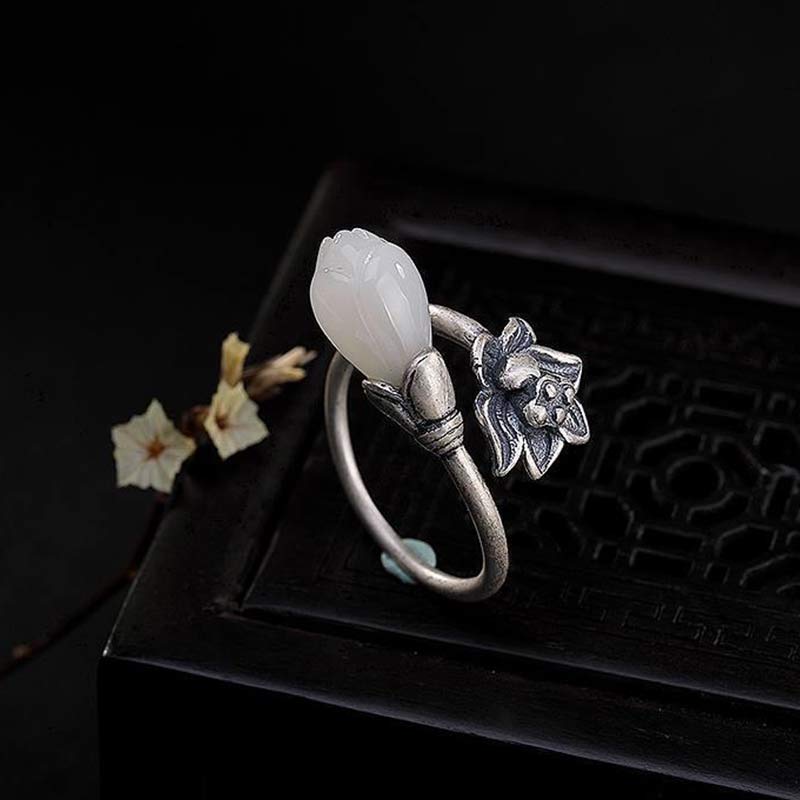 Buddha Stones Jade Lotus Kupfer Balance Heilung verstellbarer Ring