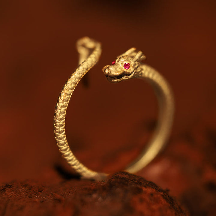 Buddha Stones 925 Sterling Silber Vintage Jahr des Drachen Glück Schutz Stärke verstellbarer Ring - 925 Sterling Silber-Gold (verstellbar) - image 0