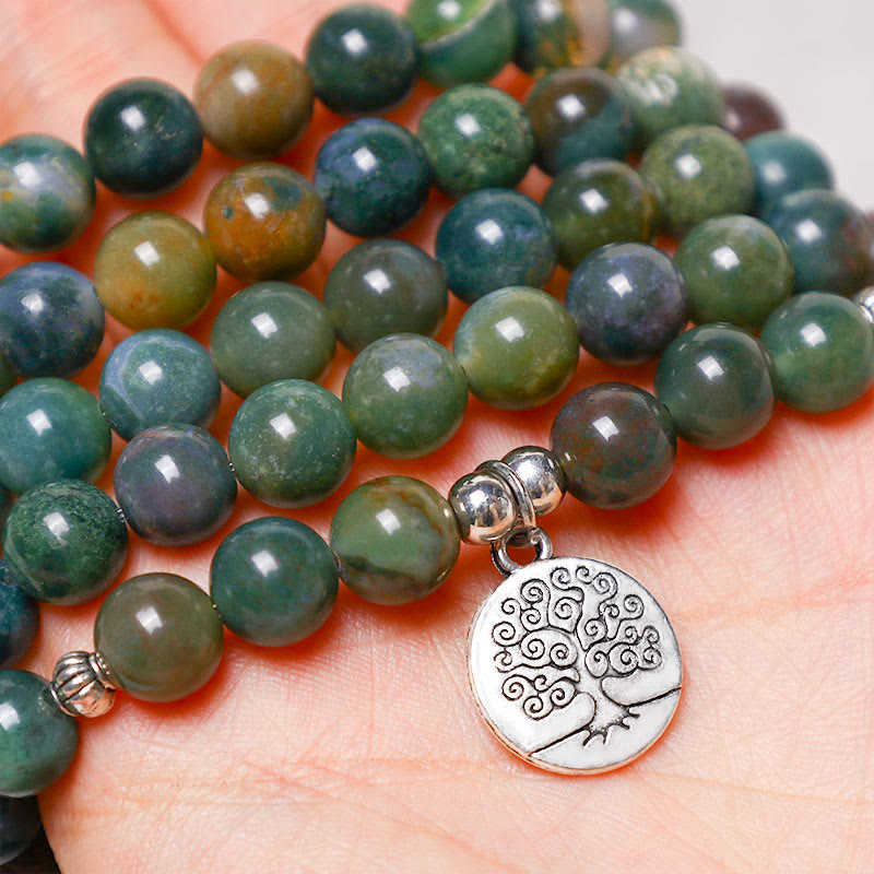 Buddha Stones, 108 Mala-Perlen, indischer Achat, Lotus, OM, Buddha, Baum des Lebens, positives, ruhiges Armband