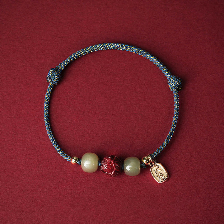 Buddha Stones 14K vergoldetes Hetian Jade Zinnober Lotus Glück handgefertigtes Seilarmband - Blaues Seil (Handgelenkumfang 13–18 cm) - image 7