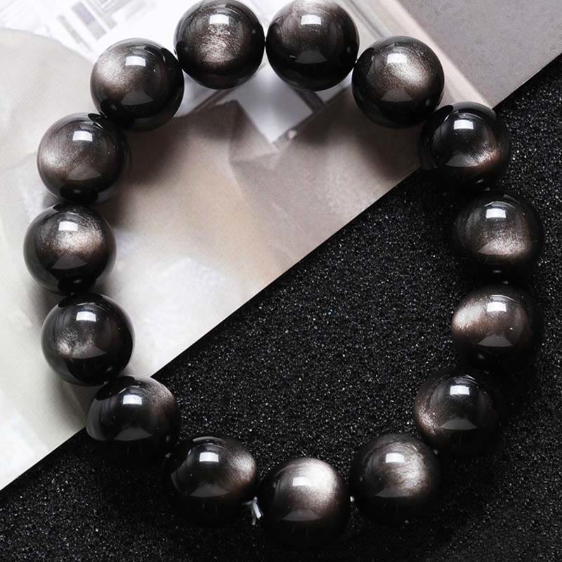 Buddha Stones Natürliches Obsidian-Armband mit silbernem Glanz und beruhigendem Schutz