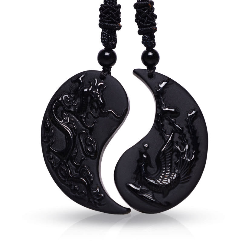 Buddha Stones, schwarzer Obsidian, Yin-Yang-Drache, Phönix, Glücks-Halsketten-Anhänger - image 1