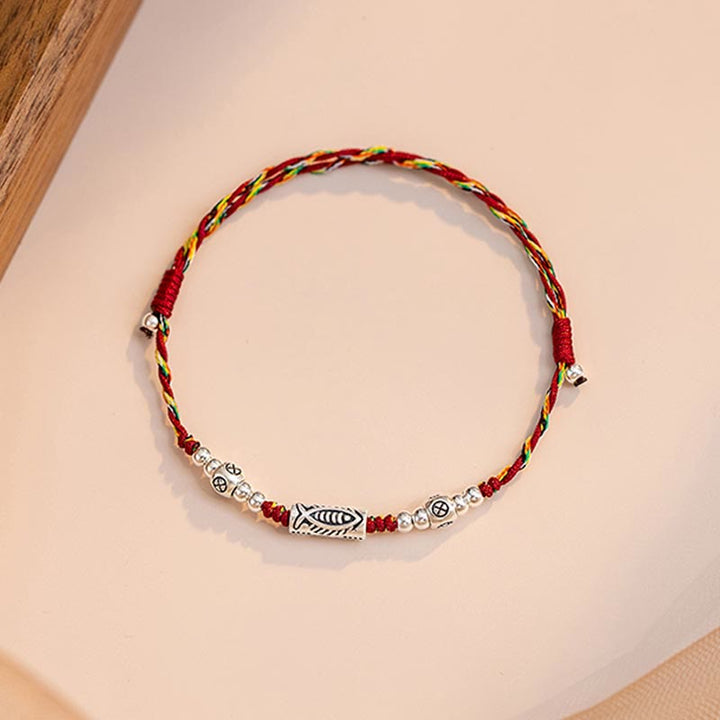 Buddha Stones 925 Sterling Silber Luck Koi Fisch geflochtene bunte Schnur Armband Fußkettchen