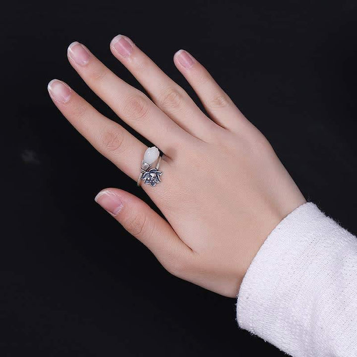 Buddha Stones Jade Lotus Kupfer Balance Heilung verstellbarer Ring