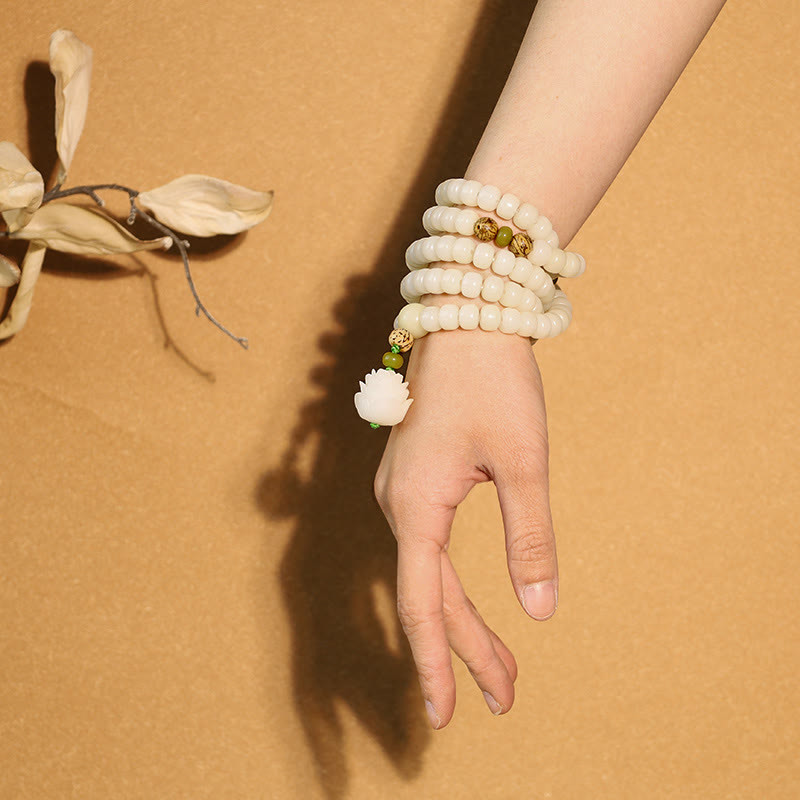 Buddha Stones Weiß Jade Bodhi Lotus Mala Harmonie Halskette Armband - image 6