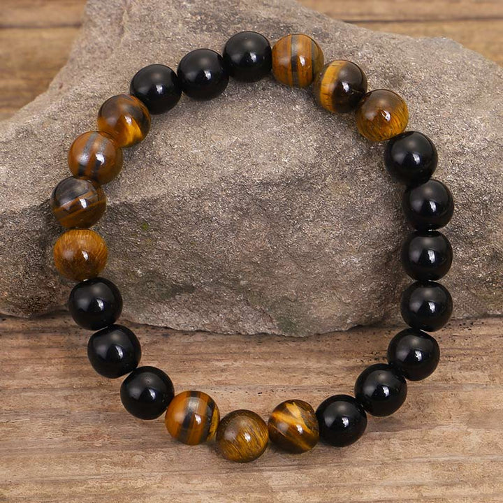 Buddha Stones Tibetisches schwarzes Onyx-Tigeraugenschutz-Halsketten-Mala-Set
