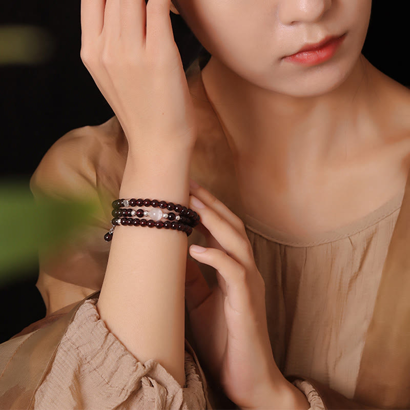 Buddha Stones 925 Sterling Silber Natürlicher Granat Katzenaugenschutz Dreifach gewickeltes Armband - image 4