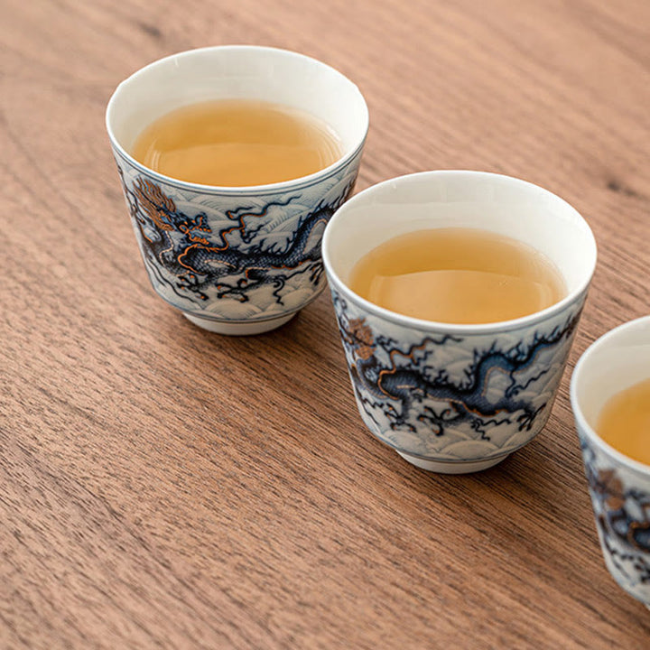 Buddha Stones Kleine blau- Weiß Drachenmuster-Keramik-Teetasse, Kung-Fu-Teetassen, 45 ml
