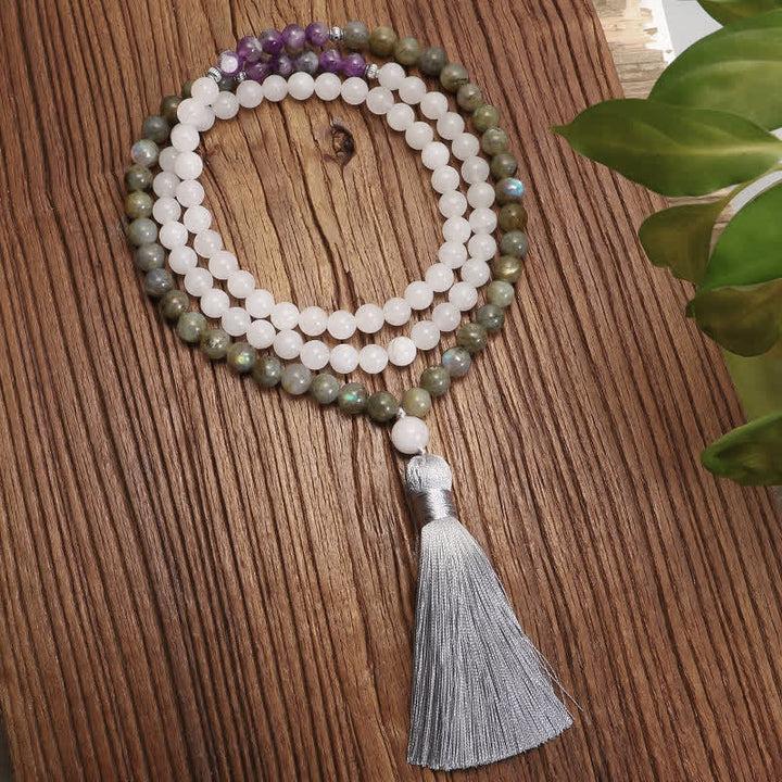 108 Mala-Perlen, Weiß Achat, Amethyst, schwarzer Glitzerstein, Schutzarmband